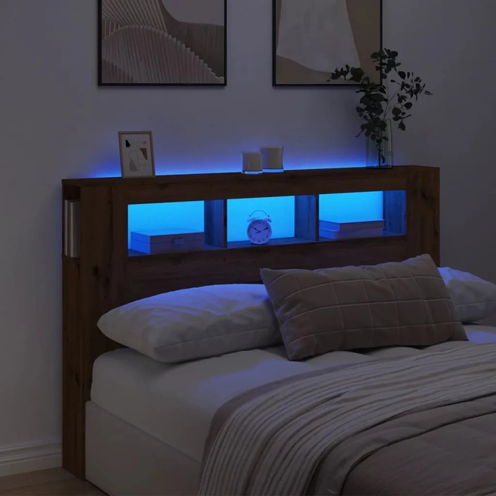 kézműves tölgyszínű szerelt fa LED-es fejtámla 160x18,5x103,5cm