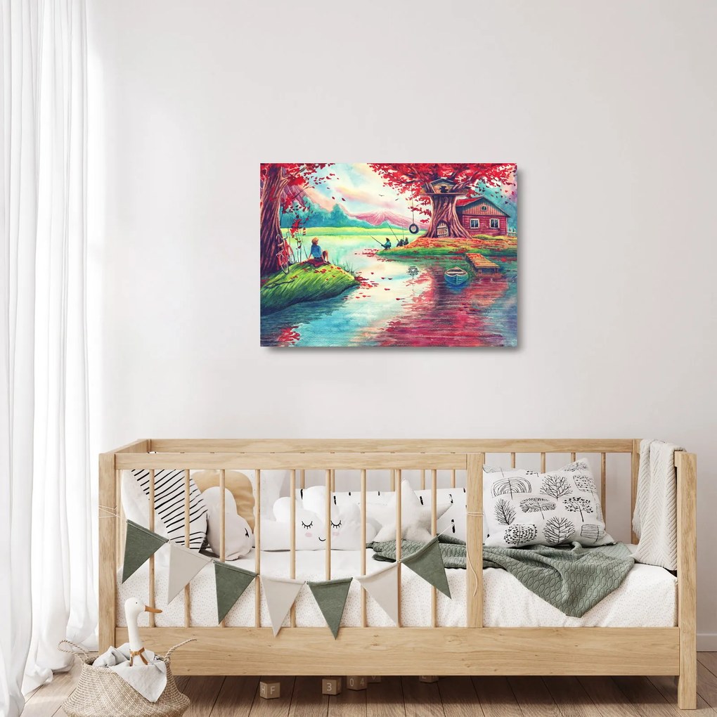Kép - akvarell, Öböl egy hegyi faluban (üvegen) (70x50 cm)