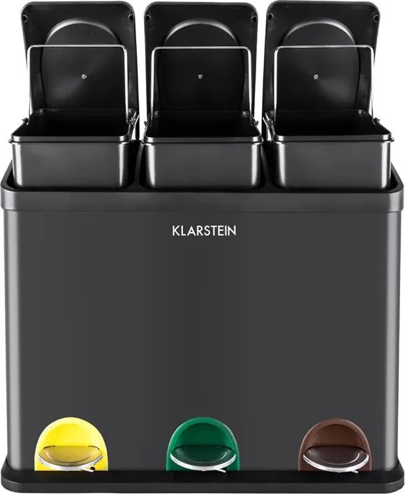 Klarstein Ökosystem, szemétkosár, pedálos kosár, hulladék osztályozó, 45l (3x15l), fekete