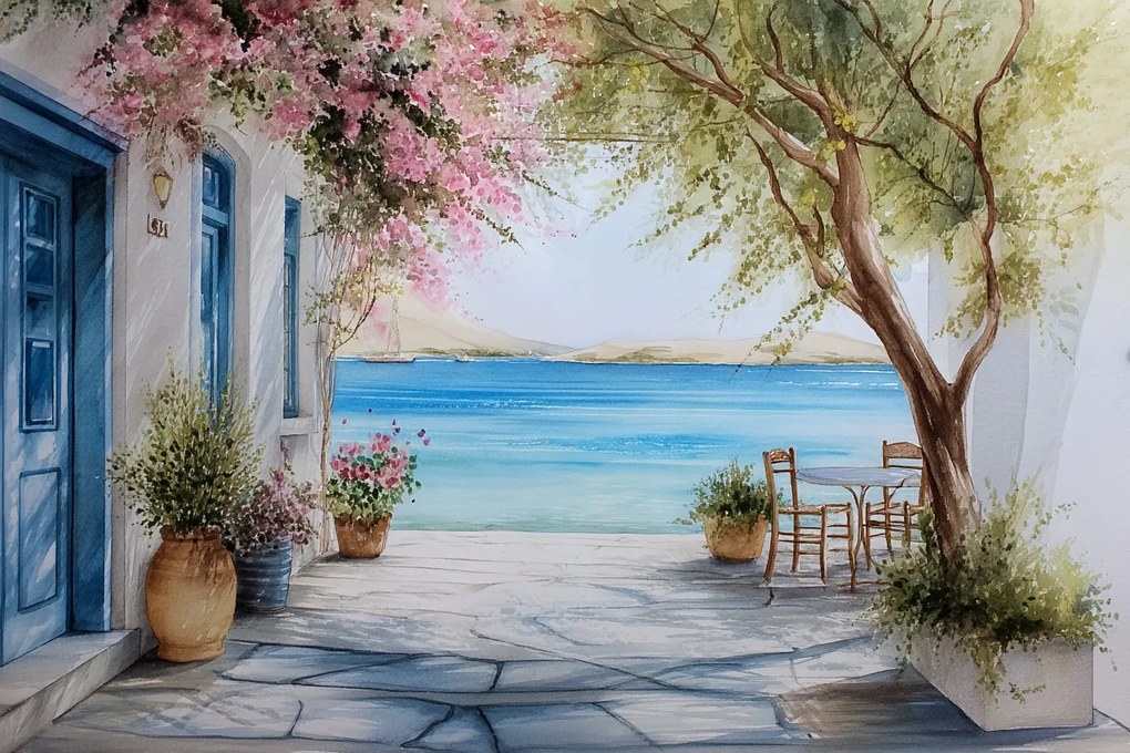 Fotótapéta Flizelina Görögország Cikládák Ház Terasz Tenger Virágok 368x254 ragasztó