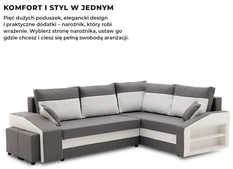 Grande sarokkanapé polcokkal és puffokkal , polc a jobb karfaban puffok a bal karfaban, jobboldali, szövet anyag, bonell töltet, szürke - fehér