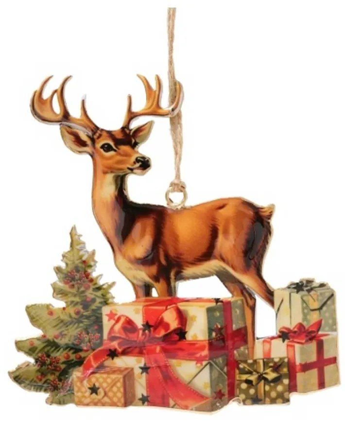 Karácsonyfadísz szarvas csomagokkal 14,5x1x15 cm fém