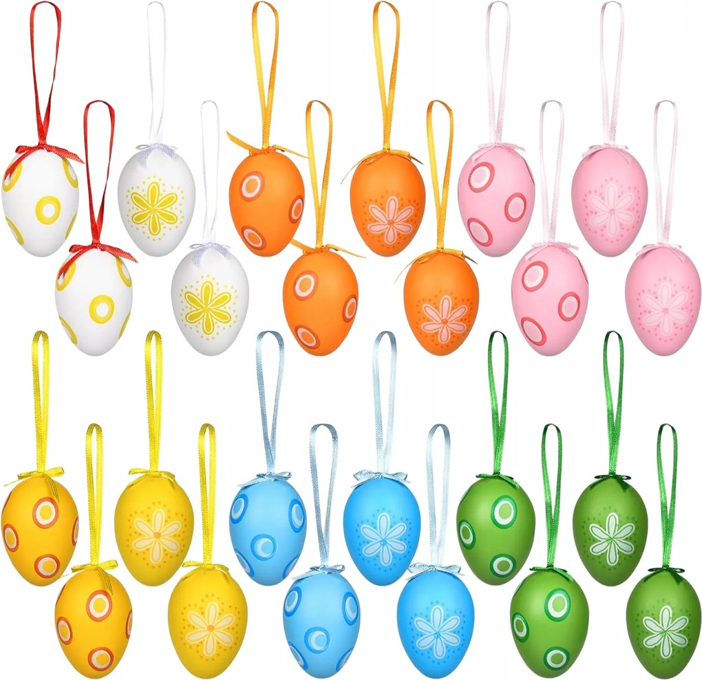 Húsvéti tojások, akasztós, műanyag, dekorációs, 24 db, 6 cm