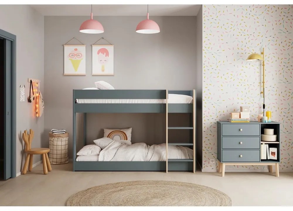 Szürkészöld emeletes gyerekágy ágyráccsal 90x190 cm Angel – Marckeric
