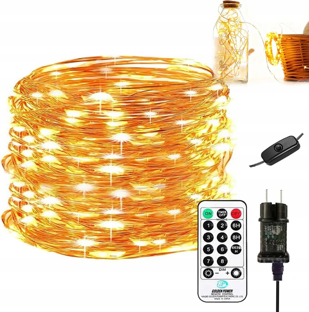 Drót Lámpa 10m Fény 100 Led Fehér Meleg Karácsonyfa Nád