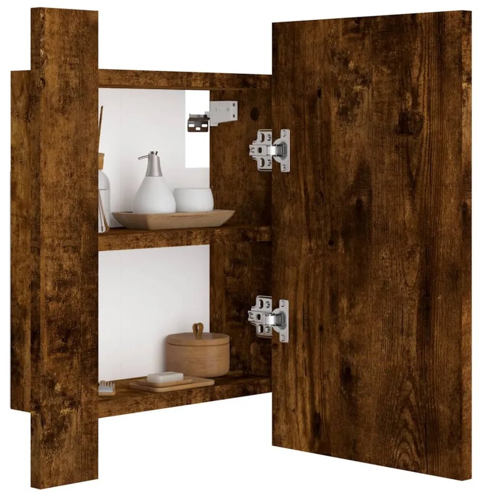 füstöstölgy színű szerelt fa LED-es tükrös szekrény 40x12x45 cm