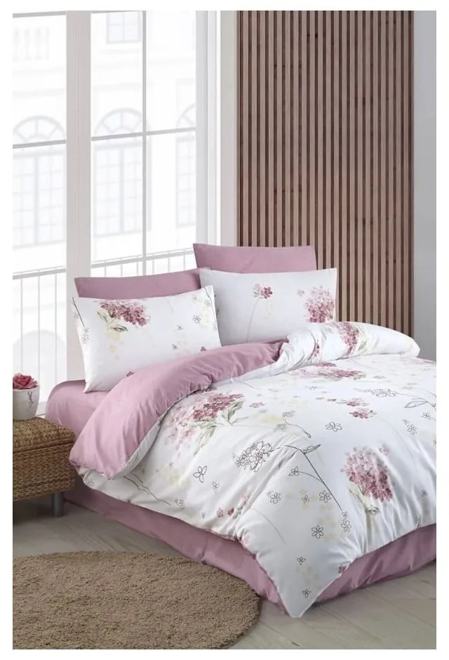Fehér-rózsaszín kétszemélyes hosszabbított ágyneműhuzat lepedővel, négyrészes 200x220 cm Floral – Mila Home
