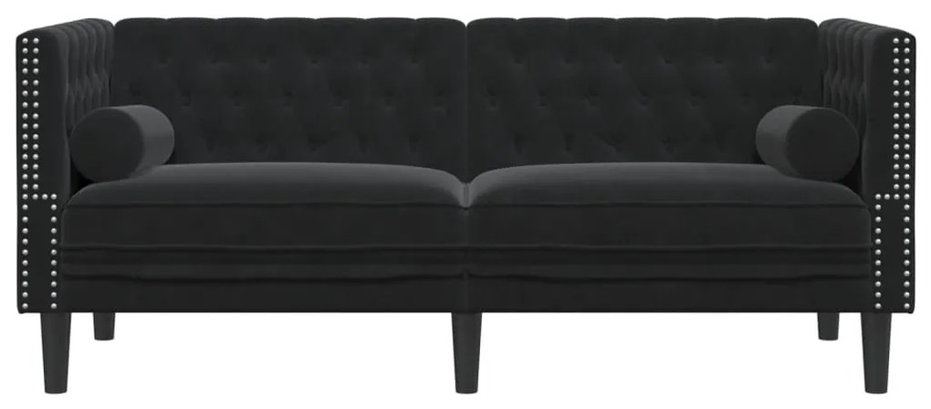 2 személyes fekete bársony Chesterfield kanapé hengerpárnákkal