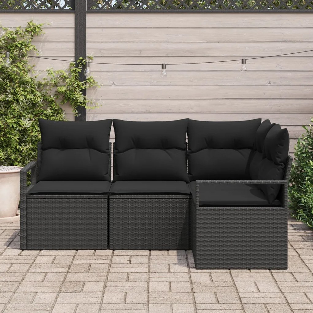 4 darabos Kerti Kanapészett Párnákkal Fekete Poli Rattan, 2 személyes Kerti Kanapé Párnákkal Fekete Poli Rattan