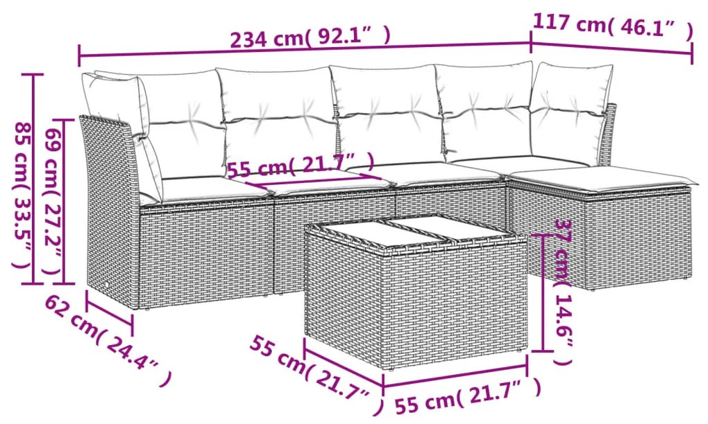 6 részes világosszürke polyrattan kerti ülőgarnitúra párnákkal