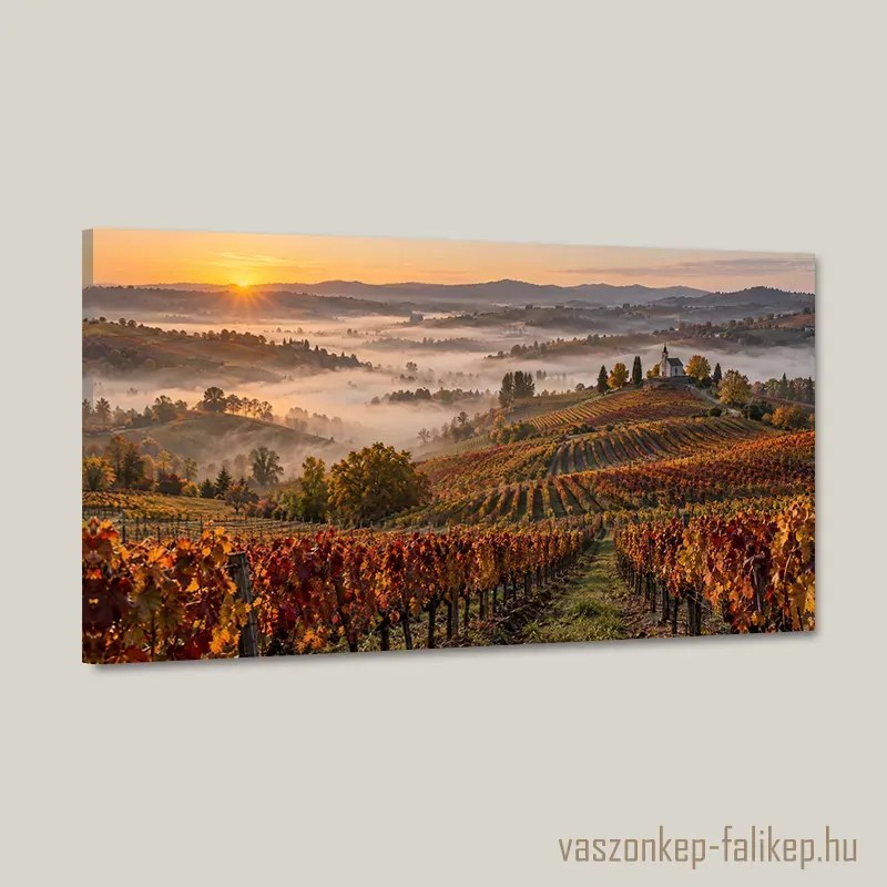 Ködös szüret hajnala vászonkép – meleg színek 40x23 cm