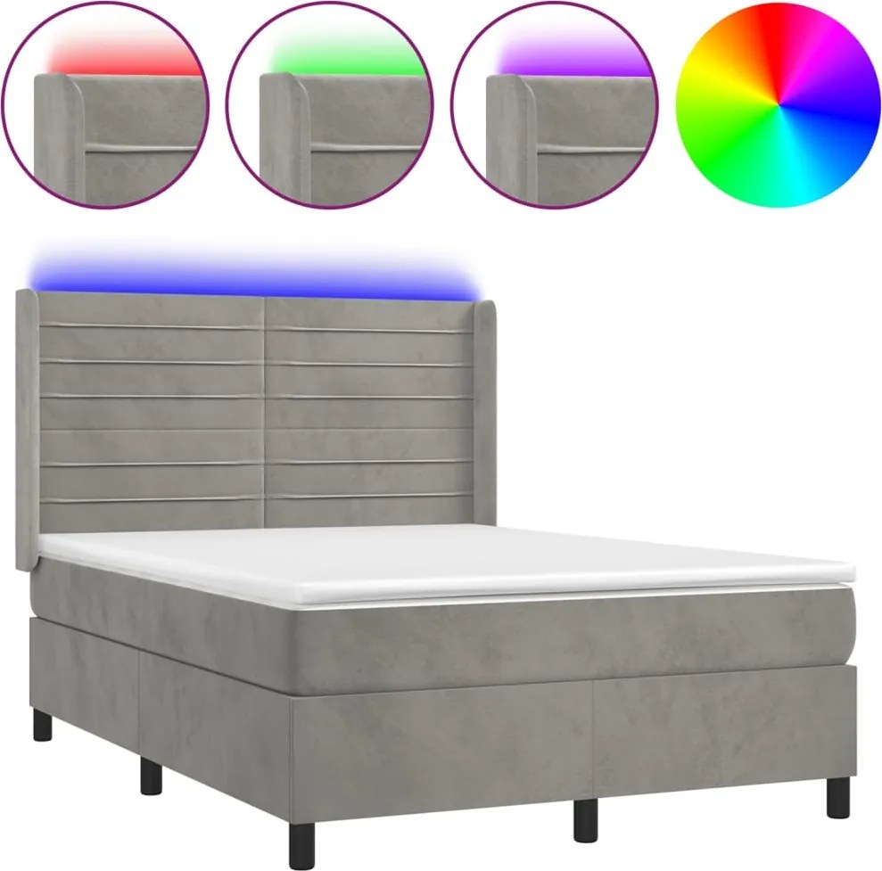 vidaXL világosszürke bársony rugós és LED-es ágy matraccal 140x200 cm