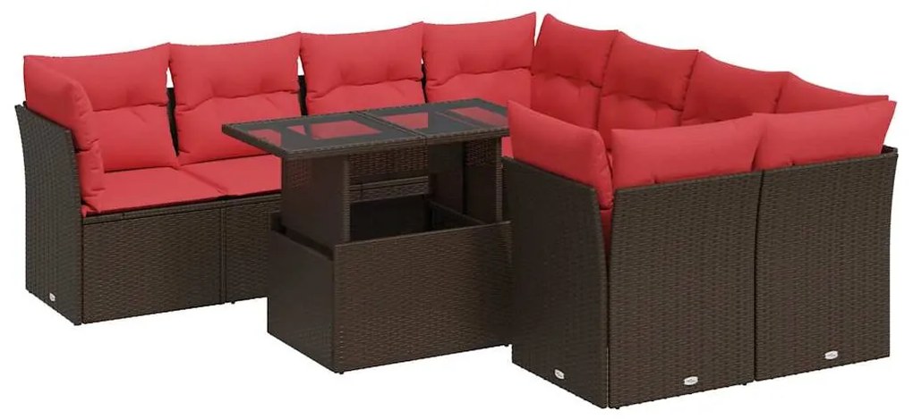 9 részes barna polyrattan akácfa kerti ülőgarnitúra párnákkal