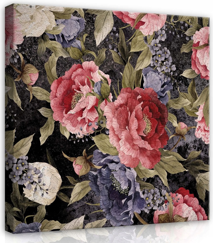 Vászonkép 40x40 Csendélet virágos bazsarózsa sötét háttér vintage luxus