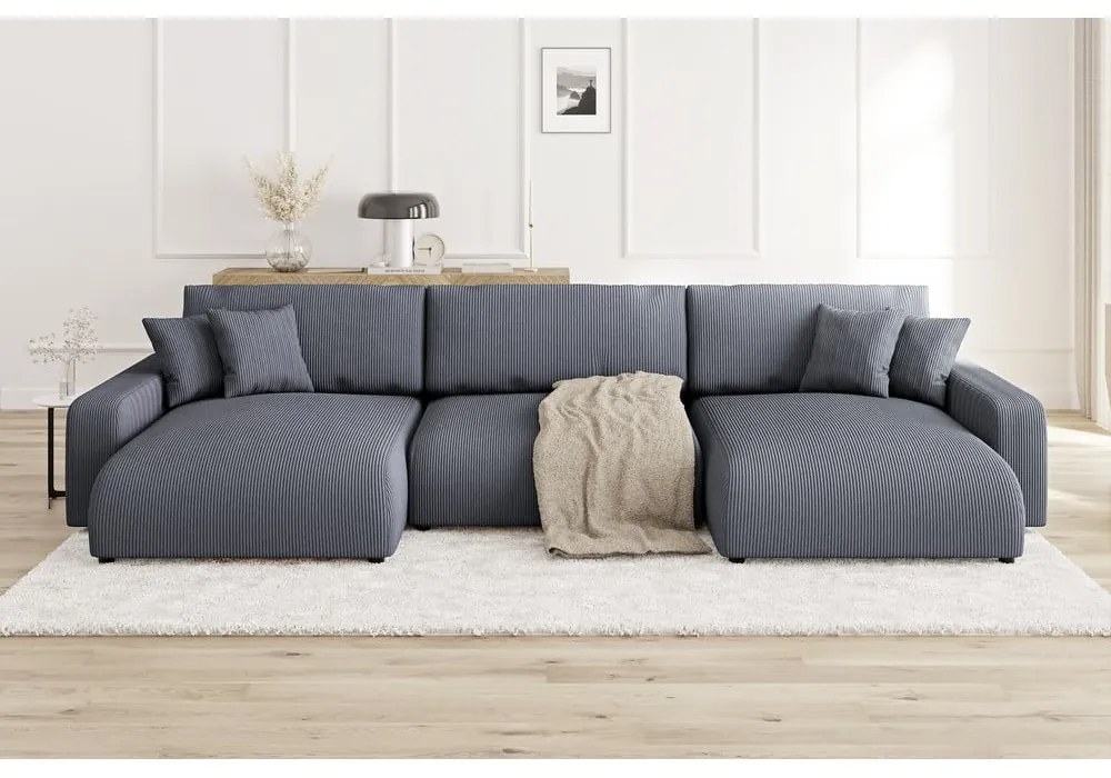 Sötétszürke kordbársony kinyitható tárolóhelyes sarokkanapé Sara – Ropez