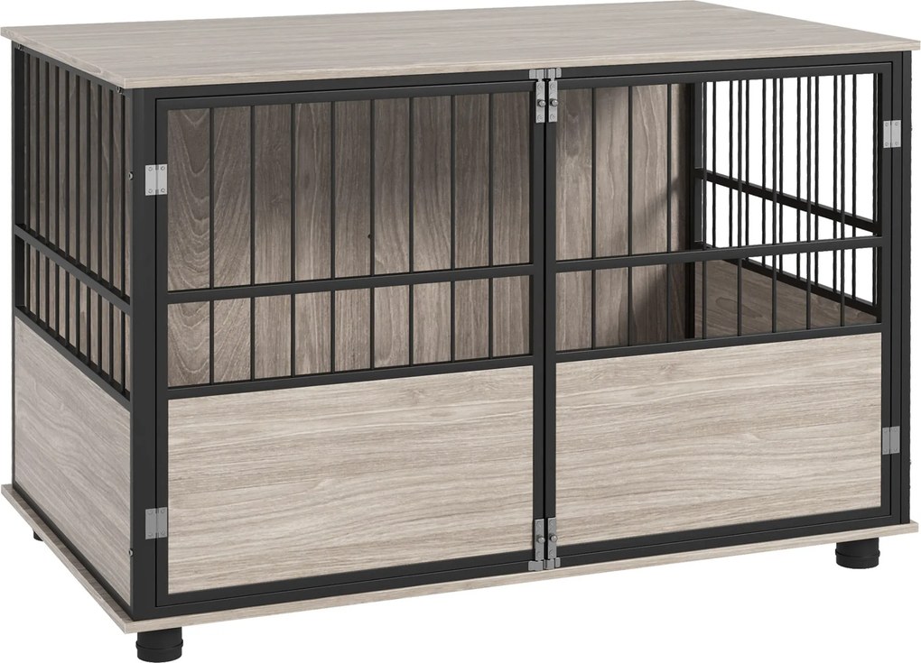 PawHut Belső Kutya Ketrec, Asztalka, 100 x 60 x 68 cm, 30 kg-ig szánt kutyák számára, 3 zárható ajtó, könnyű összeszerelés, fekete fa hatás | Aosom