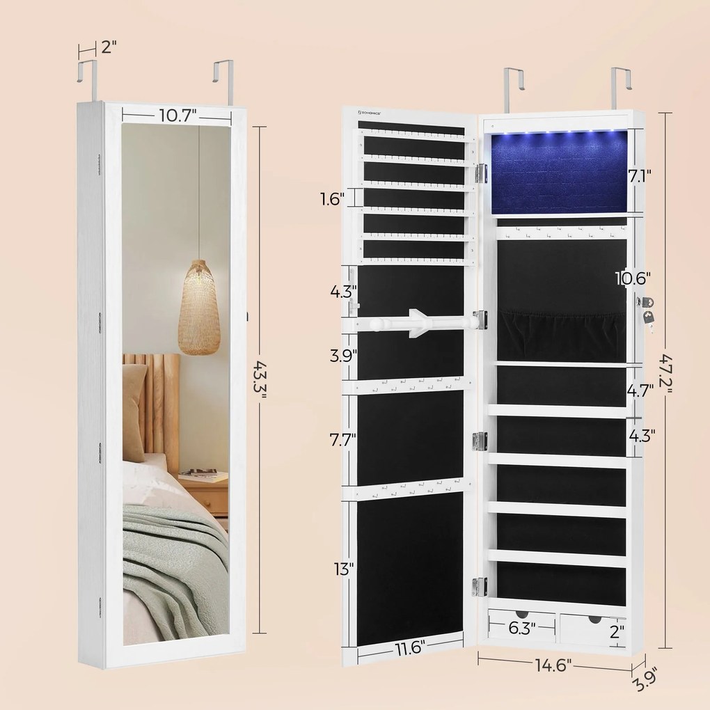SONGMICS zárható tükrös ékszerrendszerező 6 LED-del, 120 cm, fehér