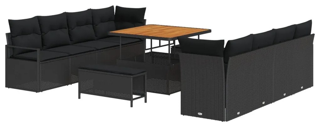 11 Darabos Kert Kanapé Szett Párnákkal Fekete Poly Rattan Eukaliptusz, 2-Fős Kert Kanapé Párnákkal Fekete Poly Rattan, 3 Darabos Kert Étkező Szett Párnákkal Fekete Poly Rattan Eukaliptusz