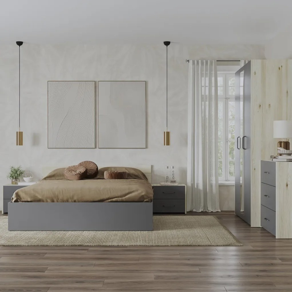 Malmo V4 hálószoba szett 160 x 200 cm-es ággyal, Fehér tölgy / Antracit