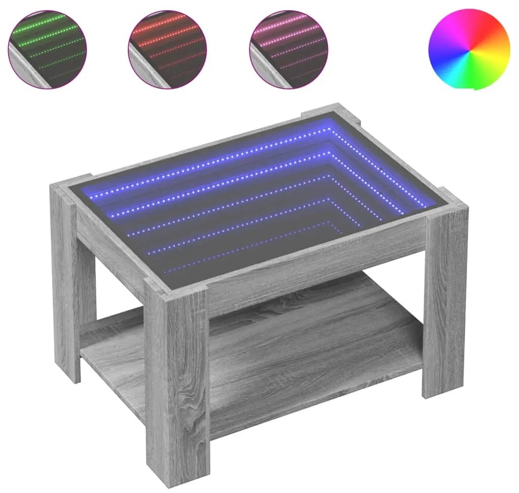 Szürke sonoma szerelt fa dohányzóasztal LED-del 73 x 53 x 45 cm