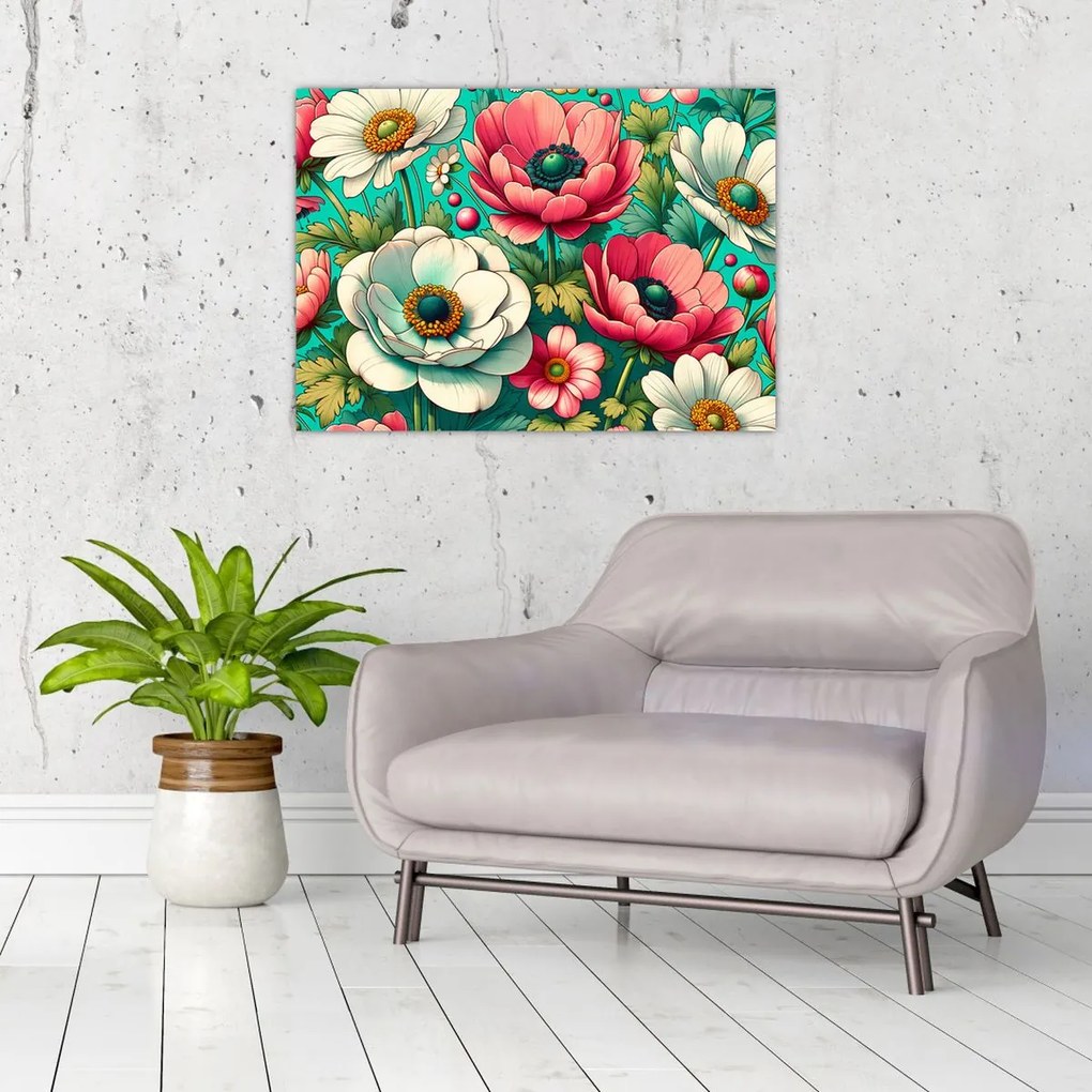 Kép - Virágok kék háttéren (70x50 cm)