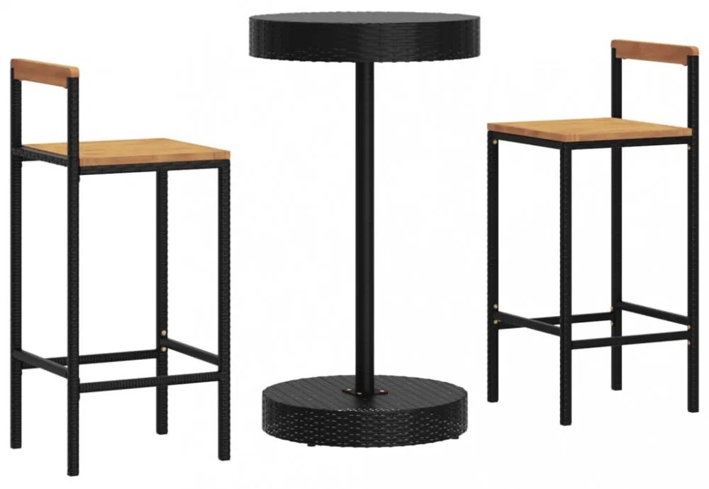 vidaXL 3 részes fekete polyrattan és tömör akácfa kerti bárszett