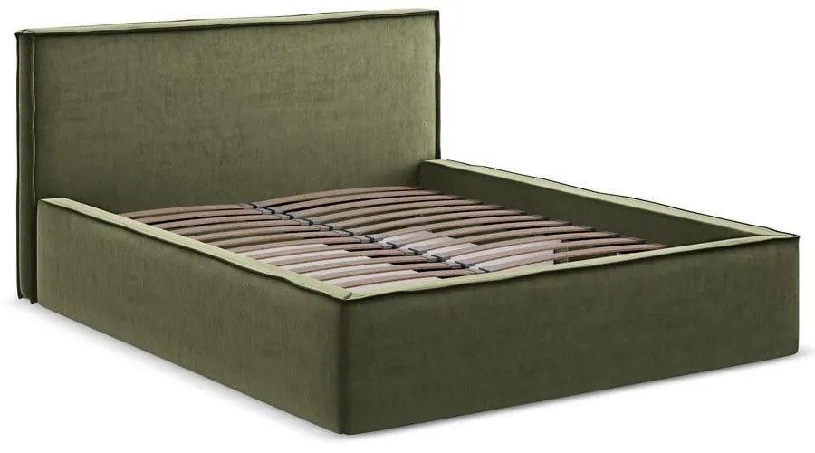 Zöld kárpitozott ágyneműtartós franciaágy ágyráccsal 140x200 cm Anani – Makamii