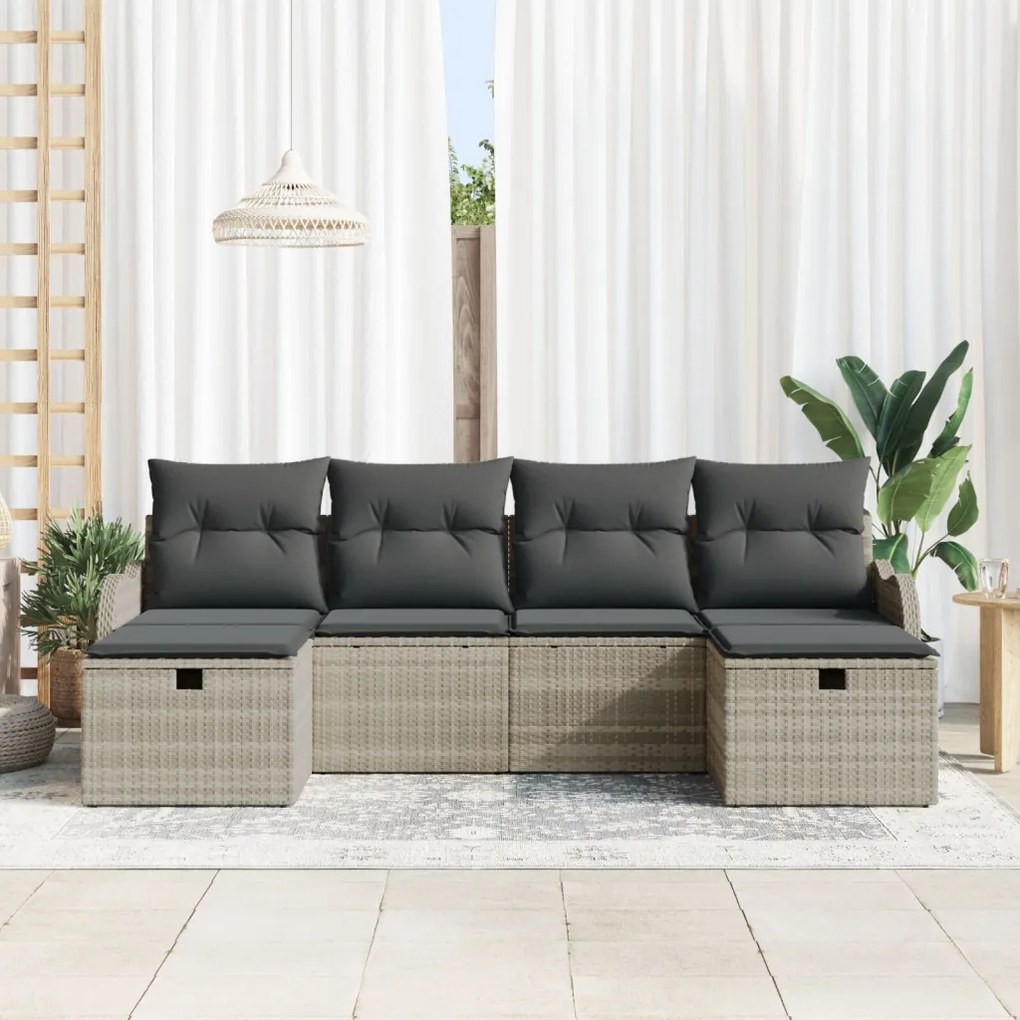 6 Darabos Kerti Sofa Készlet Párnákkal Világosszürke Poli Rattan, 2 Személyes Kerti Sofa Tárolóval &amp; Párnákkal Világosszürke Poli Rattan