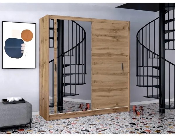 SABRINA gardróbszekrény tükörrel, 203x215 cm, woltan tölgy