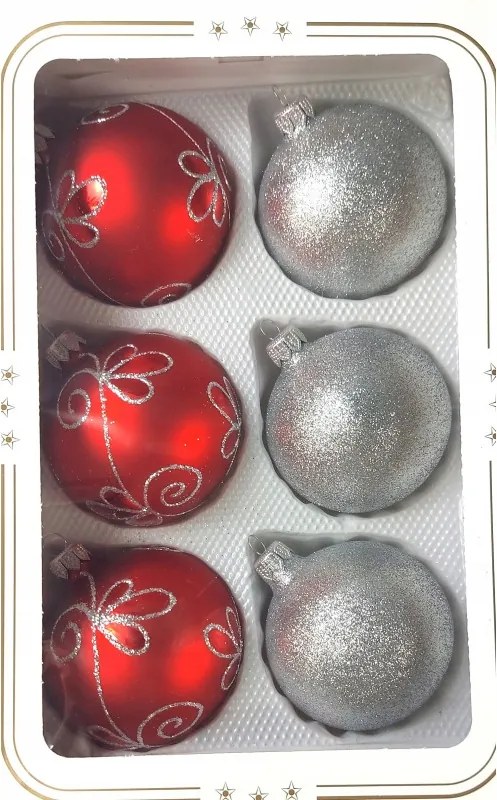 Karácsonyfadísz piros-ezüst üveg 8 db-os