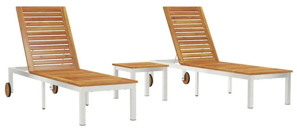 Napozóágy 2 db Asztallal Tömör Akácfából, Napozóágy Kerekekkel 207x58x35 cm Tömör Akácfa & Rozsdaálló Acél