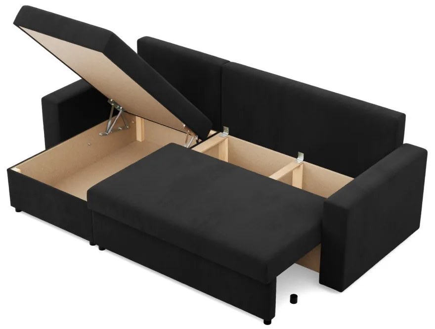 Zeus sarokkanapé, 2 ágyneműtartóval, egyenes kartámasz, szövet anyag, univerzális oldal, hab töltet, fekete