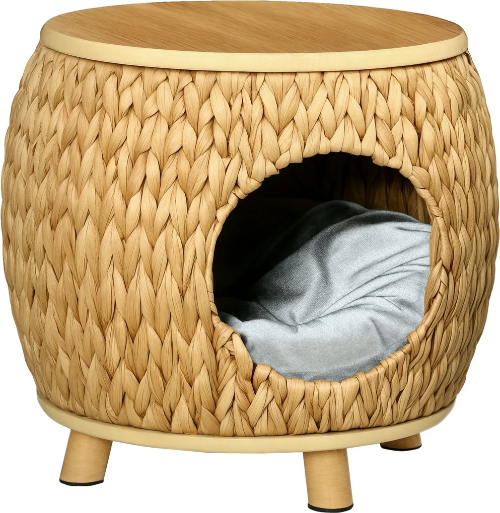 Pawhut Rattan Macska Barlang 2 az 1-ben Tervezés Macska Kosár Párnával Macska Ágy Macska Kabin Kisállat Ágy Vízitöke Fű Paulownia Fa Világosbarna+Szür