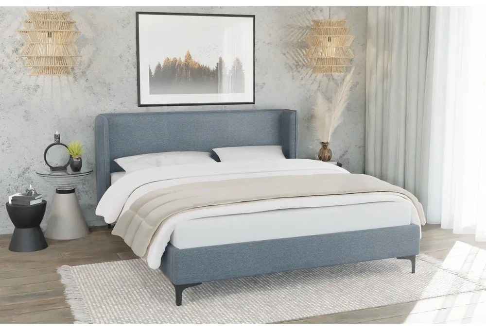 Kék kárpitozott franciaágy ágyráccsal 200x200 cm Basti – Ropez