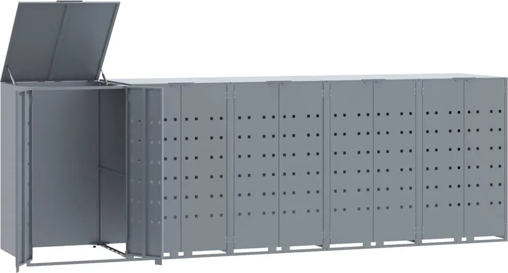 vidaXL szürke acél kerekes tároló 5 szemeteskukához 345 x 79 x 117 cm