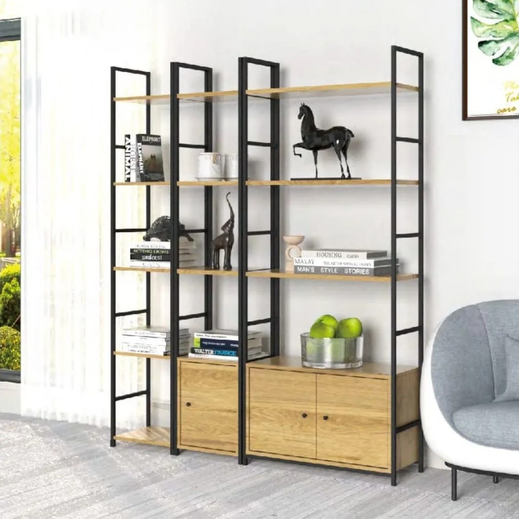 KÉSZLETKISÖPRÉS! Intenso Home 5 szintes könyvespolc ajtóval 59 x 144cm (Aranytölgy) | Univerzális tároló állvány fém lábakkal