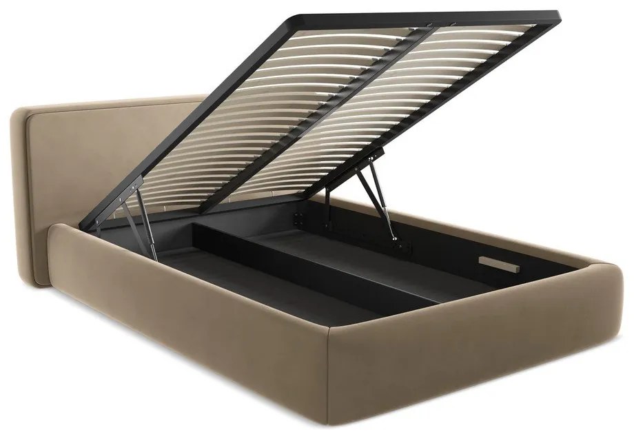 Világosbarna kárpitozott ágyneműtartós franciaágy ágyráccsal 180x200 cm Kiana – Makamii