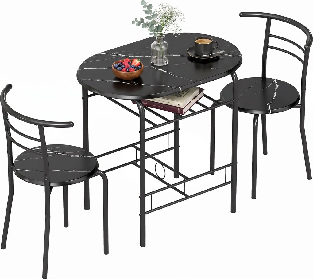 HOMCOM 3-Piece Dining Set — 31.5" Kitchen Table with Two Chairs and Shelf, Ideal for Small Spaces, Apartment, Living/Dining Room, Black Marble Finish