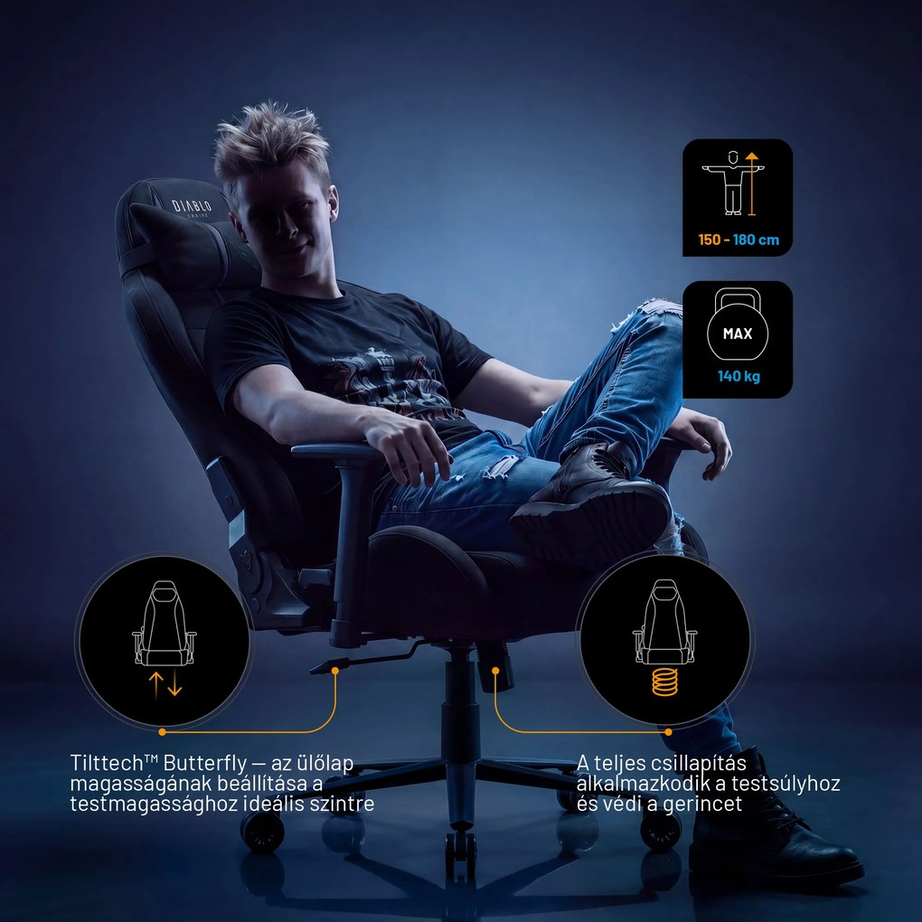 Gamer szék szövet fekete King Size: Diablo X-One 2.0 Burned Black