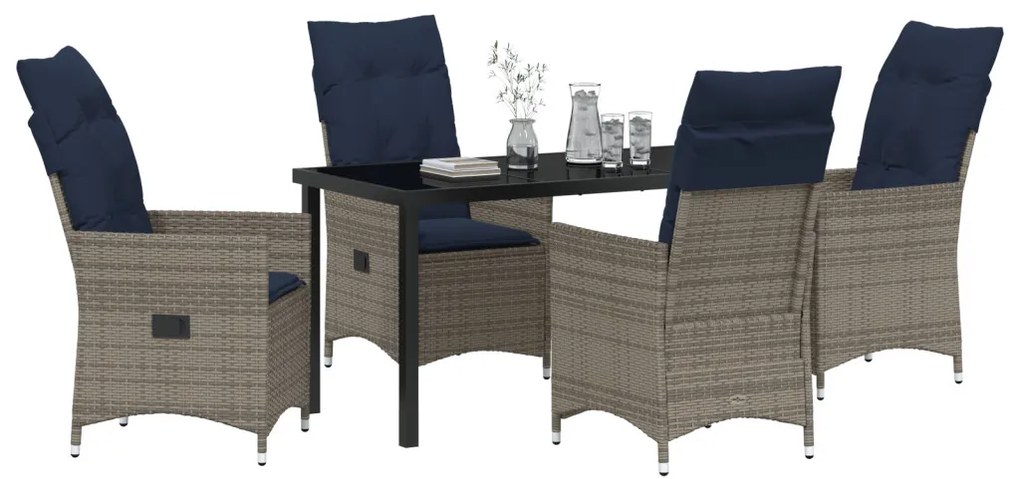 5 részes kerti étkezőgarnitúra párnákkal - Szürke poli rattan, fekete asztal 140x80x73 cm - Temperált üveg