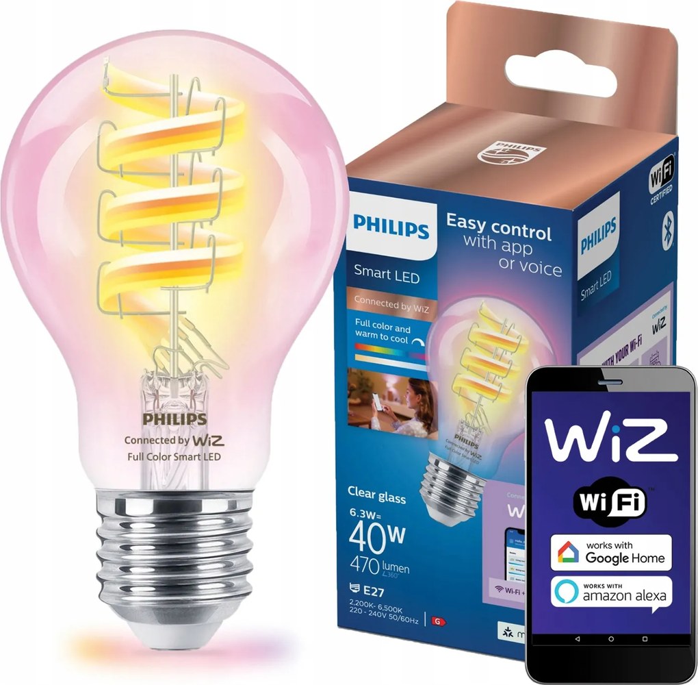 Led izzó E27 A60 6,3W 40W Cct Rgb Filament Smart WiFi Philips WiZ