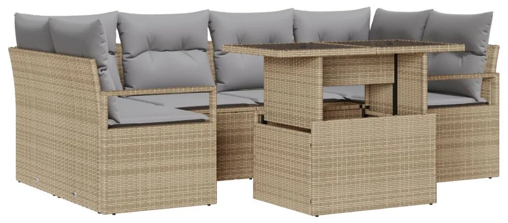 7 részes kerti kanapé szett párnákkal bézs poli-rattan, 2 fős kerti kanapé párnákkal bézs poli-rattan