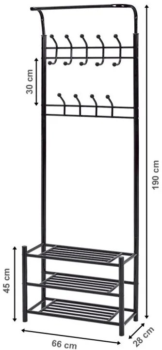Fém ruhatartó állvány cipőpolcokkal - fekete