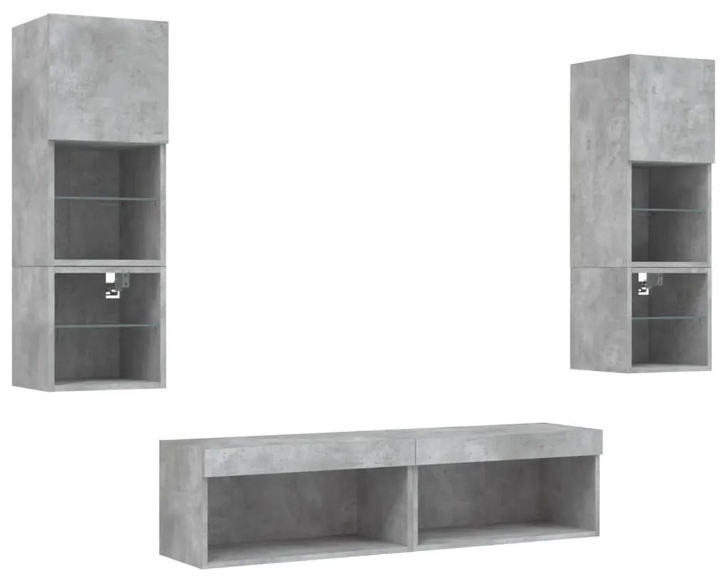 6 darab betonszürke szerelt fa fali TV-bútor LED-del