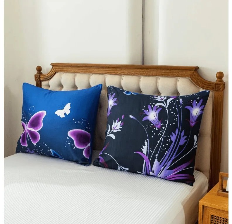 2 db Mikroplüss ágyneműhuzat szett VIOLET BUTTERFLY sötétkék + Mikroplüss lepedő SOFT 180x200 cm fehér, kétszemélyes ágyhoz