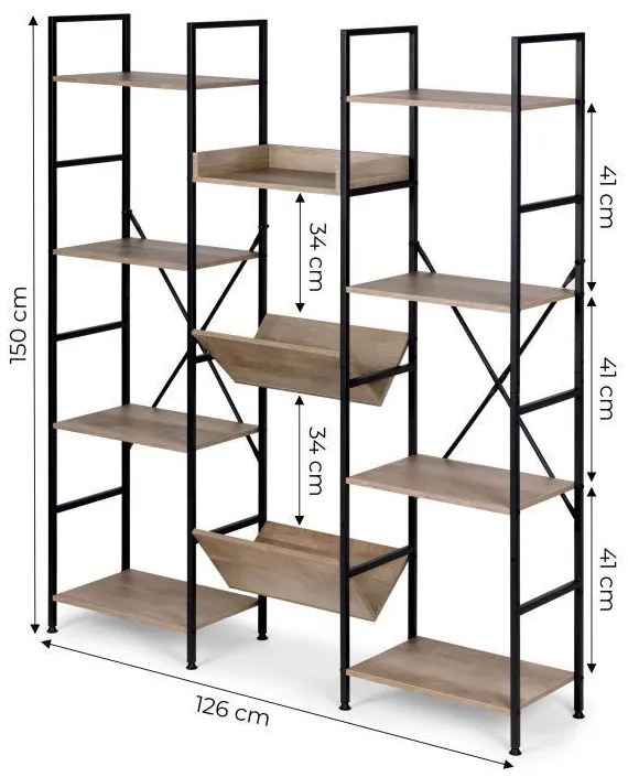 Intenso Home nyitott könyvespolc rendszer / virágállvány 126 x 150cm, modern tölgy szín | Univerzális tároló állvány fém lábakkal