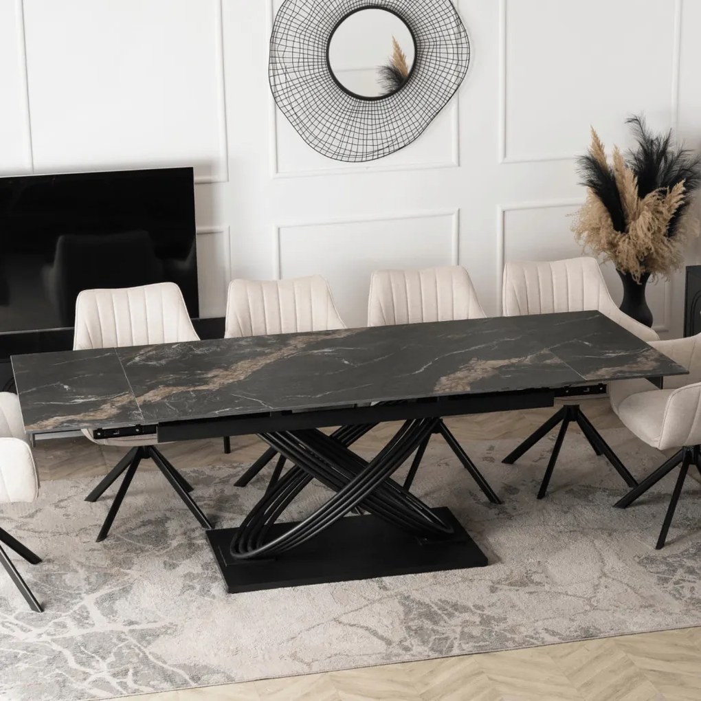 szett étkezőasztal IBIZA 160-240 cm fekete márvány/fekete és 4 szék MUMBAI krémszínű