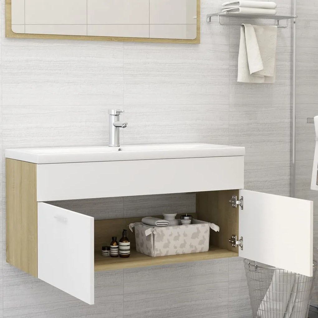 Fehér és sonoma tölgy szerelt fa mosdószekrény 100x38,5x46 cm