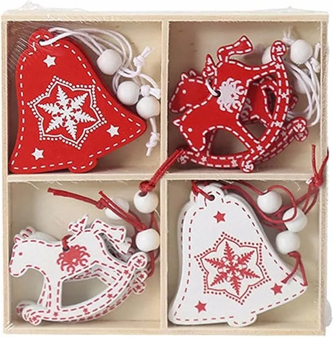 Fa Karácsonyfa Medál 12db piros fehér