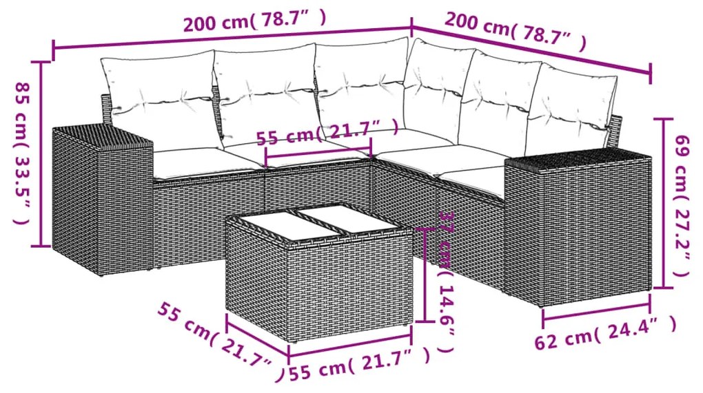 6 részes fekete polyrattan kerti ülőgarnitúra párnákkal